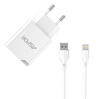 Мережевий зарядний пристрій Aspor A827 IQ (USB/2.4A) + кабель USB – Lightning- білий - Інтернет-магазин спільних покупок ToGether