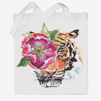 Еко-сумка шоппер з принтом Тигр і квітка Кавун Бежевий - Інтернет-магазин спільних покупок ToGether