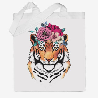 Еко-сумка шоппер з принтом Тигр з квітами на голові Кавун Бежевий - Інтернет-магазин спільних покупок ToGether