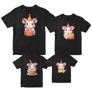 Комплект футболок чорні Фемілі Лук Family Look для всієї родини "Сім'я мишей у святкових ковпаках з тортами" Кавун S ФП012082 - Інтернет-магазин спільних покупок ToGether