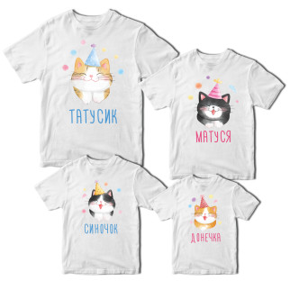 Комплект футболок білі Фемілі Лук Family Look для всієї родини "Коти у святкових ковпаках. Сім'я котів" Кавун S ФП012077 - Інтернет-магазин спільних покупок ToGether