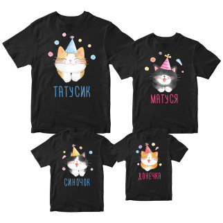 Комплект футболок чорні Фемілі Лук Family Look для всієї родини "Коти у святкових ковпаках. Сім'я котів" Кавун S ФП012078 - Інтернет-магазин спільних покупок ToGether