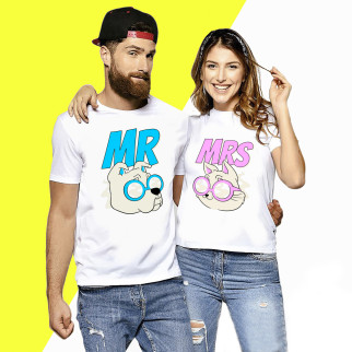 Комплект білих футболок для закоханих з принтом "Mr Mrs. Містер та Місіс. Собака та Кішка в окулярах" Кавун ФП011093 S M - Інтернет-магазин спільних покупок ToGether