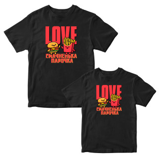 Комплект чорних футболок для закоханих з принтом "Love. Смакова пара. Бургер і Картопля Фрі" Кавун ФП012116 S M - Інтернет-магазин спільних покупок ToGether