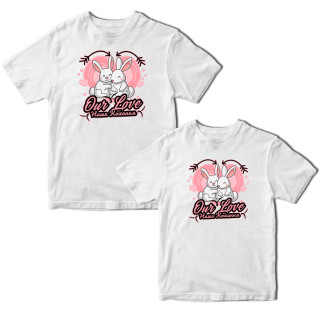 Комплект білих футболок для закоханих із принтом "Our Love. Наше кохання. Закохані зайці на серці" Кавун ФП012130 S M - Інтернет-магазин спільних покупок ToGether