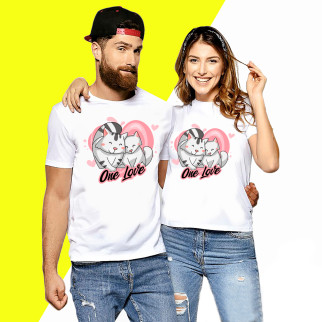 Комплект білих футболок для закоханих з принтом "Our Love. Одне кохання. Закохані котики на серці" Кавун ФП012134 S M - Інтернет-магазин спільних покупок ToGether