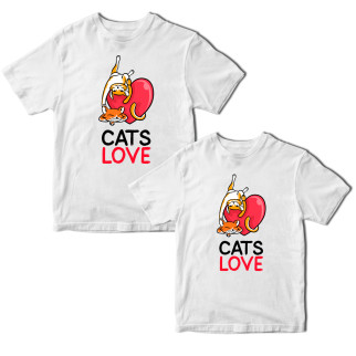 Комплект білих футболок для закоханих із принтом "Cats Love. Парочка котів. Закохані котики із серцем" Кавун ФП012139 S M - Інтернет-магазин спільних покупок ToGether