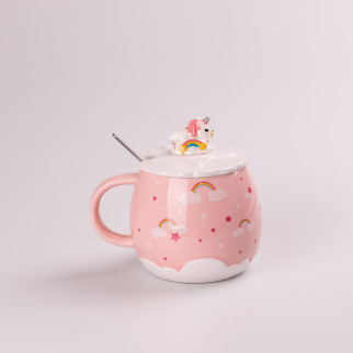 Чашка керамічна Rainbow з кришкою і ложкою Happy Life 400 мл рожевий (HPCY8278P) - Інтернет-магазин спільних покупок ToGether