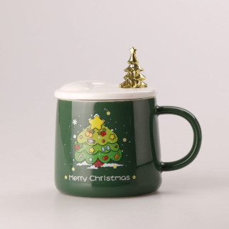 Керамічна чашка Happy Life 500 мл Merry Christmas з кришкою і ложкою Зелений (HPCY8279GR) - Інтернет-магазин спільних покупок ToGether