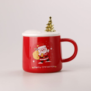 Керамічна чашка Happy Life 500 мл Merry Christmas з кришкою і ложкою Червоний (HPCY8279R) - Інтернет-магазин спільних покупок ToGether