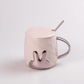 Кружка керамічна Happy Life 300 мл Rabbit з кришкою і ложкою бежевий (HPCYM0877T) - Інтернет-магазин спільних покупок ToGether