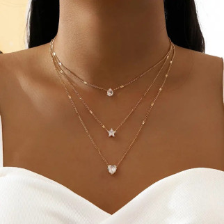 Намисто підвіска жіноча на потрійному ланцюжку на шию з кристалами Крапля Зірка Серце золотисте - Інтернет-магазин спільних покупок ToGether