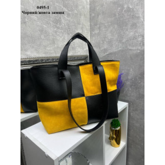 Чорний/жовта замша — велика, стильна та елегантна сумка на блискавці зі вставками з натуральної замші (0495-1) - Інтернет-магазин спільних покупок ToGether
