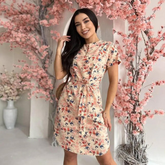 Красива літня сукня жіноча з коротким рукавом у квіточку бежева сукня на літо з поясом з тканини софт - Інтернет-магазин спільних покупок ToGether