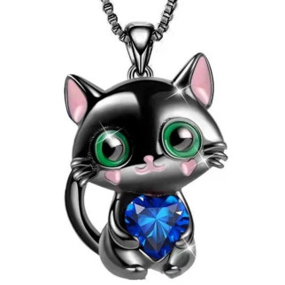 Ланцюжок з кулоном милий чорний котик із синім сердечком фіанітом та зеленими очима - Інтернет-магазин спільних покупок ToGether