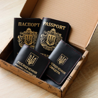 Набір "Обкладинки на паспорт+великий герб,Passport+великий герб,посвідчення офіцера,УБД" чорний з позолотою,червона нитка. - Інтернет-магазин спільних покупок ToGether