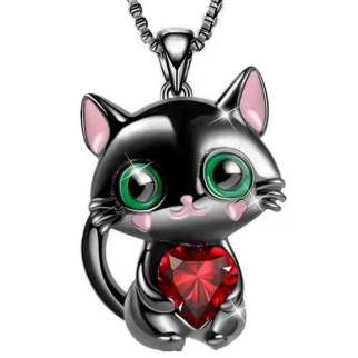Ланцюжок з кулоном милий чорний котик із червоним сердечком фіанітом та зеленими очима - Інтернет-магазин спільних покупок ToGether
