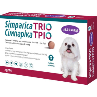 Таблетки від бліх, кліщів та гельмінтів Zoetis Сімпарика ТРІО для собак вагою від 2.6 до 5 кг, 3 шт - Інтернет-магазин спільних покупок ToGether