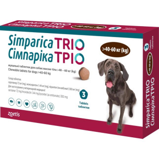 Таблетки від бліх, кліщів та гельмінтів Zoetis Сімпарика ТРІО для собак вагою від 40 до 60 кг, 3 шт - Інтернет-магазин спільних покупок ToGether