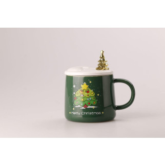 Керамічна чашка 500 мл Merry Christmas з кришкою і ложкою Зелений - Інтернет-магазин спільних покупок ToGether