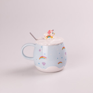 Чашка керамічна 400 мл Rainbow з кришкою та ложкою Блакитний - Інтернет-магазин спільних покупок ToGether