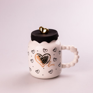 Кружка керамічна 400 мл Love з кришкою Біла з чорними сердечками - Інтернет-магазин спільних покупок ToGether