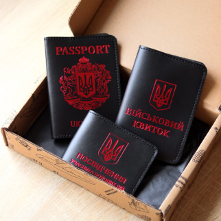 Набір "Обкладинки на паспорт "Passport+великий герб", військовий квиток, убд" чорний з червоним. - Інтернет-магазин спільних покупок ToGether