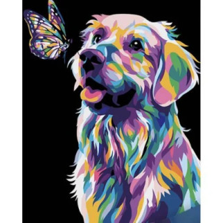 Картина за номерами на чорному фоні "Поп-арт собака з метеликом" 40х50 - Інтернет-магазин спільних покупок ToGether